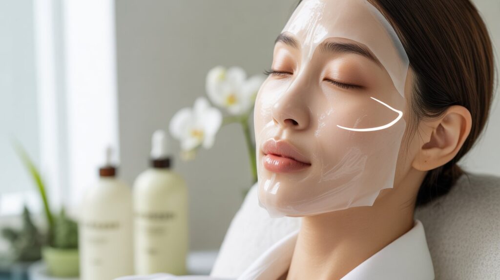Close-up of a perfectly fitted microfiber face mask on dewy skin, illustrating a professional K-beauty skincare routine step for anti-aging and showing how to use korean sheet masks